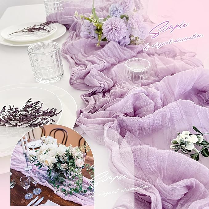Aktor 12 Pack Lavender Table Runner Boho Cheesecloth Table Runner Semi Sheer Gauze Fabric Runners for Wedding Birthday Baby Shower Party Boho Table Decoration（Lavender）