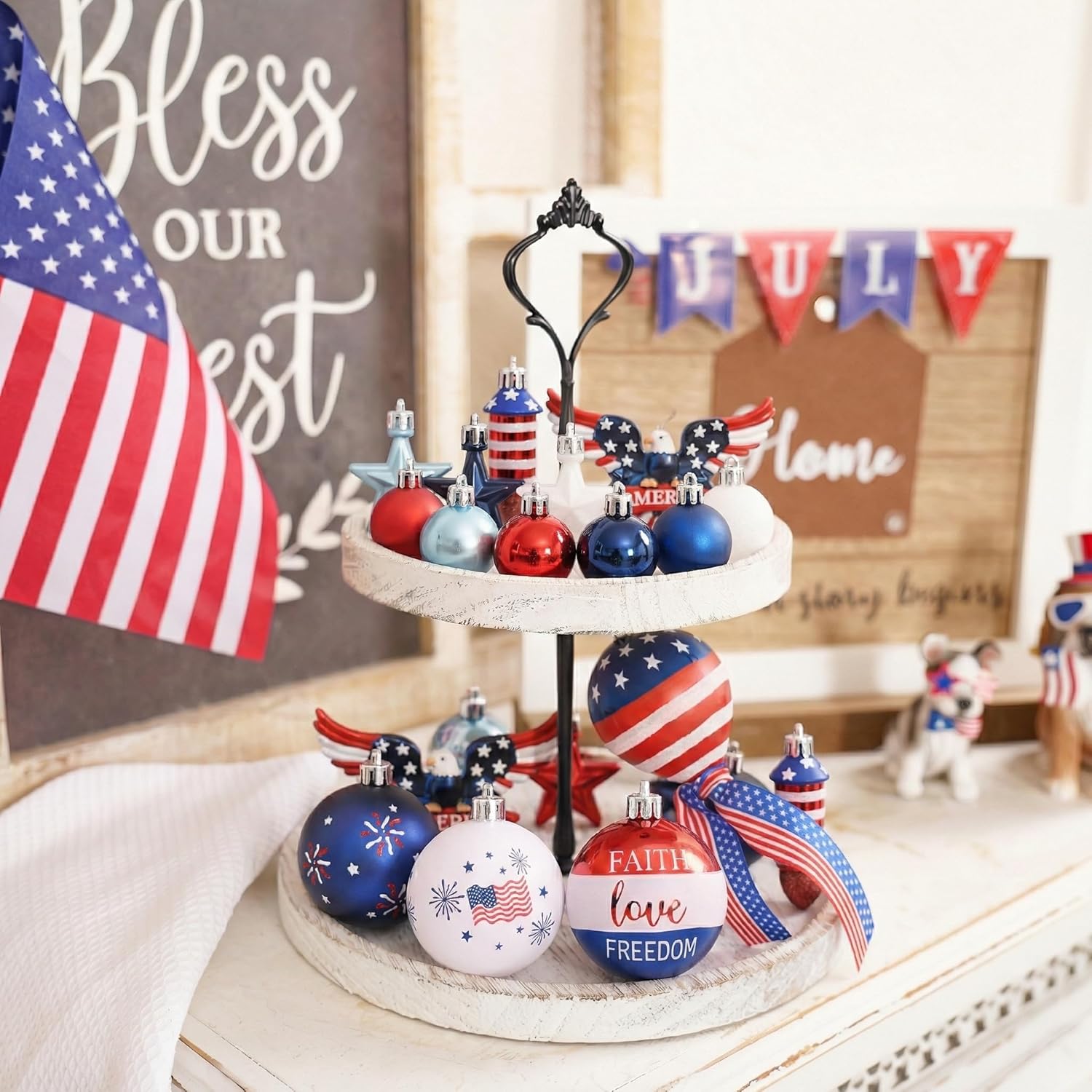 Valery Madelyn 4th of July Tree Decorations for Patriotic Memorial Day Eagle Ornaments, 35Pcs Red White Blue Shatterproof Americana Hanging Ball Decor for Independence Day USA 250th Anniversary