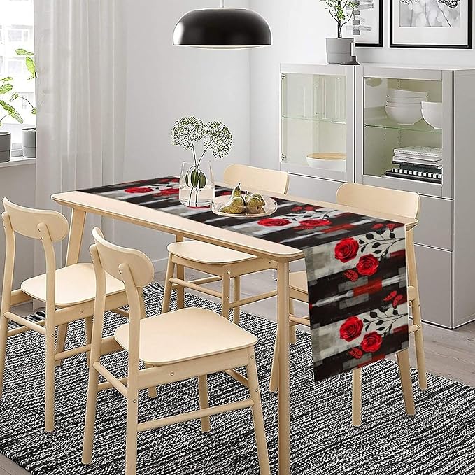 Abstract Art Rose Table Runner, Red Roses Floral Butterfly Black Red Grey Ink Background Pattern Kitchen Dinning Table Runner for Indoor Outdoor Home Wedding Party Holiday, 13x120 Inch