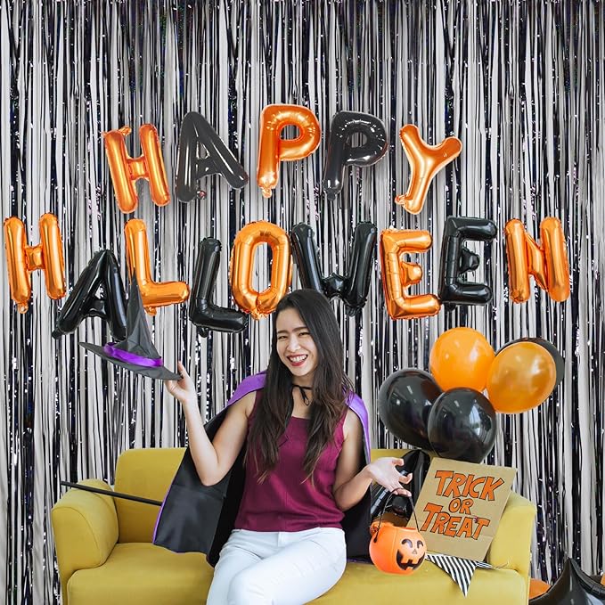 Foil Fringe Curtains Halloween Decor Party Decorations - Melsan 3 Pack 3.2 x 8.2 ft Tinsel Curtain Party Photo Backdrop for Birthday Party Baby Shower or Graduation Decorations (Pure Black)