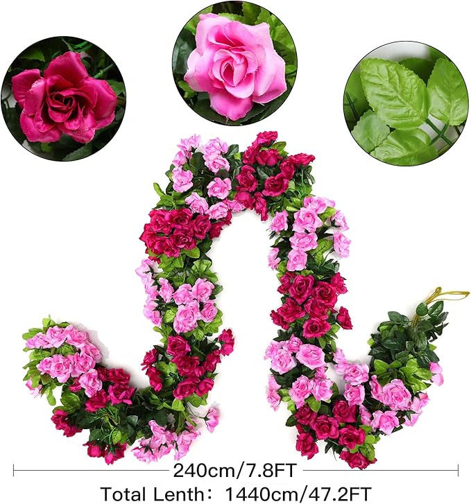 Floweroyal 6 Pack Artificial Flower Garlands 15.8FT Fake Rose Vines Silk Flowers Hanging Rose Ivy for Wedding Arch Party Home Garden Wall Decor (Fuchsia)