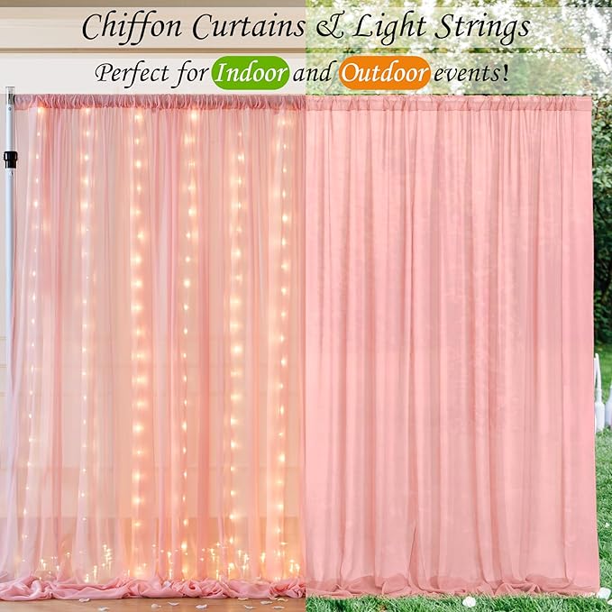 Wish Care 10ft x 10ft Baby Pink Chiffon Backdrop Curtain with Lights String for Parites Wedding Wrinkle Free Curtain Photo Backdrops Drapes for Baby Shower Birthday Party Home Decorations