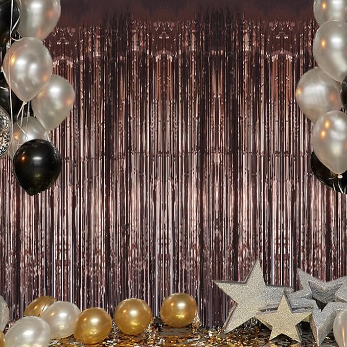 3 Pack Foil Fringe Backdrop - Brown Shiny Tinsel Curtains for Party Decoration/Photo Booth Props - 3.3x8.2 FT Metallic Foil Backdrop for Birthday, Wedding, Graduation, Christmas.