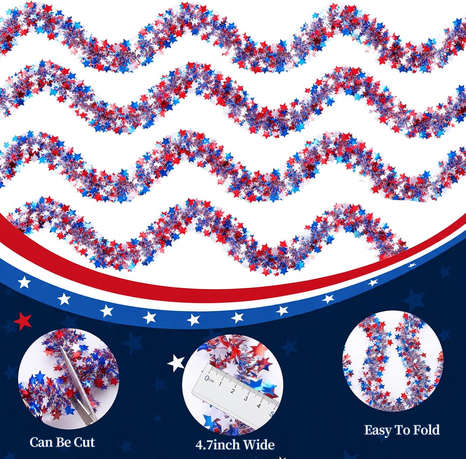 52.5Ft 4th of July Garland, Patriotic Red White and Blue Star Glitter Tinsel Twist Garland, 4th of July Decorations for Car Bike Golf Cart Independence Day Memorial Day Decor