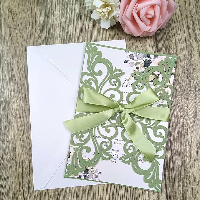 25PCS Laser Cut Wedding Invitations Cards with Envelopes,Blank Inner Sheets,Ribbons for Wedding Bridal Shower Quinceañera Engagement Birthday Invites (matte sage green)