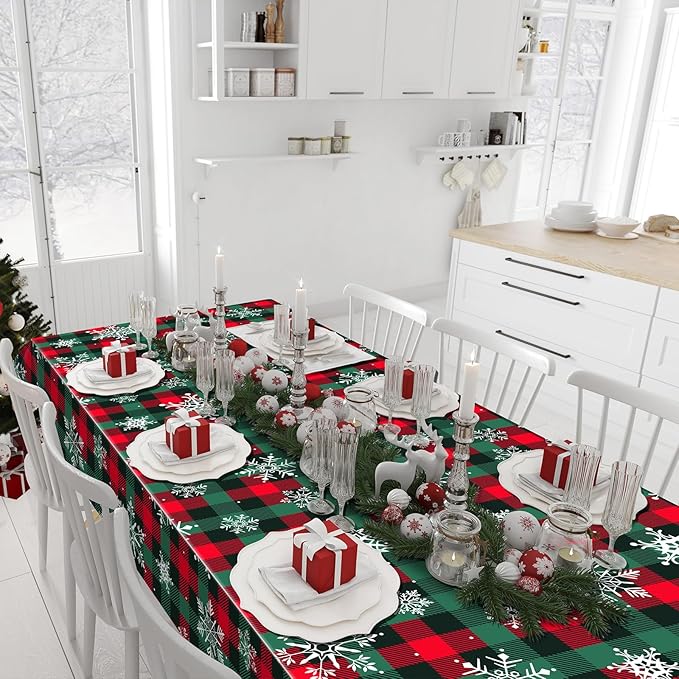 6Pcs Christmas Buffalo Plaid Snowflake Party Tablecloths Decorations,Plastic Red and Green Checkered Rectangle Table Cover for Winter Christmas New Year Birthday Holiday Party Decorations,54x108 inch