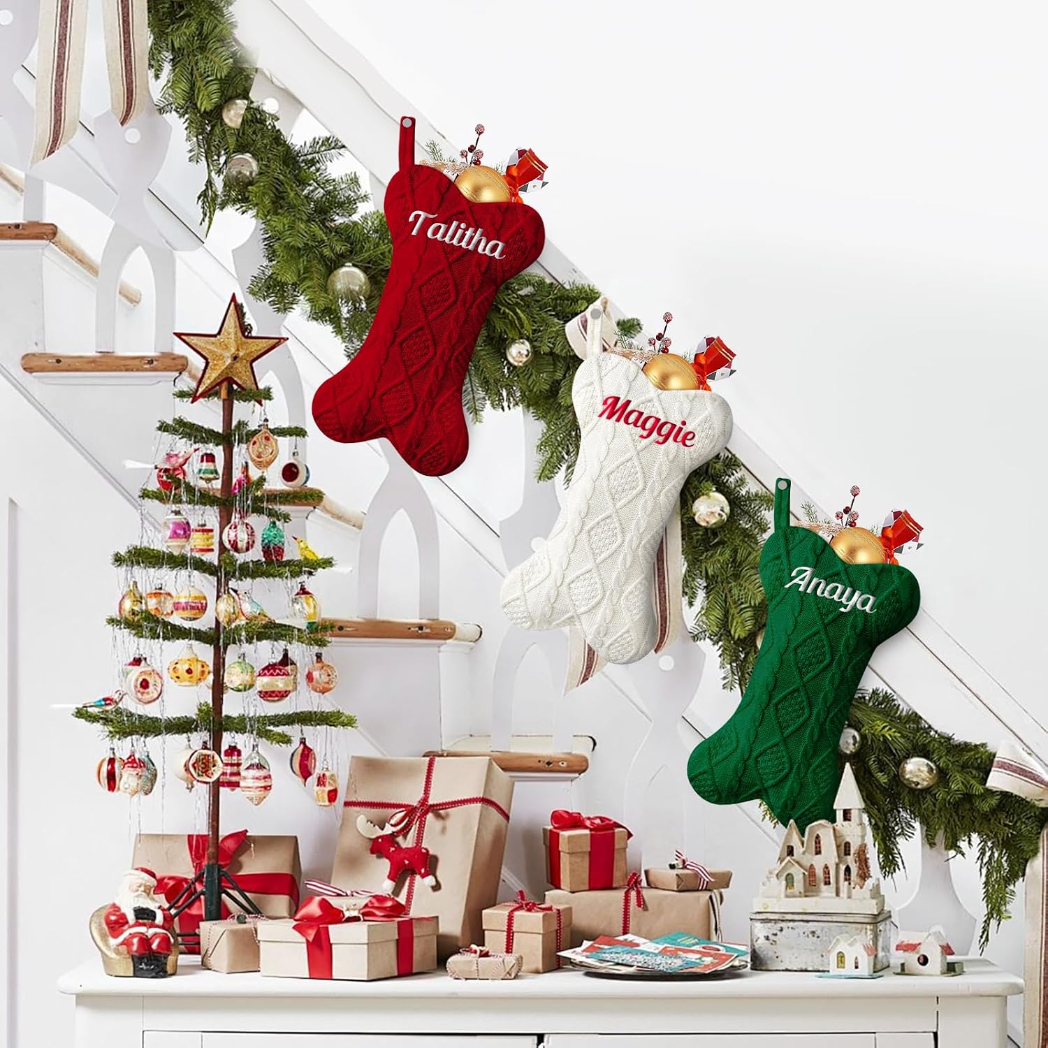 NIBESSER Personalized Dog Christmas Stockings Custom Name Knit Christmas Stockings 16.7” Large Xmas Stocking for Dogs Cats Pet Bone Shape Rustic Farmhouse Fireplace Hanging Ornament
