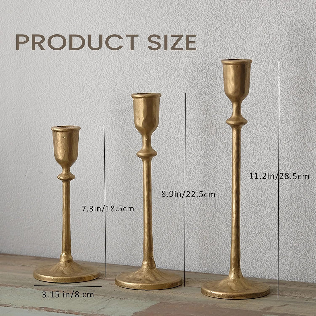 BANOMII Antique Brass Candlestick Holders Set of 3, Cast Iron Taper Candle Holder for Dining Table Centerpiece, Wedding, Fireplace Mantel Decor, Vintage Tall Candle Stands, Christmas Decorations