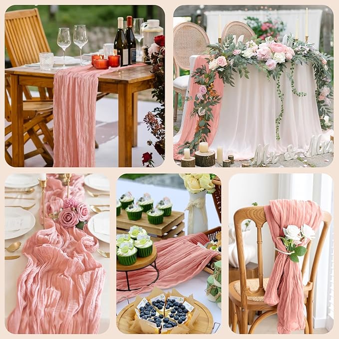 Asee'm 4pcs Cheesecloth Table Runner 120 Inches Dark Rose Boho Gauze Cheese Cloth Runner 10FT Rustic Sheer Table Runners for Summer Wedding Baby Shower Holiday Party Decoration