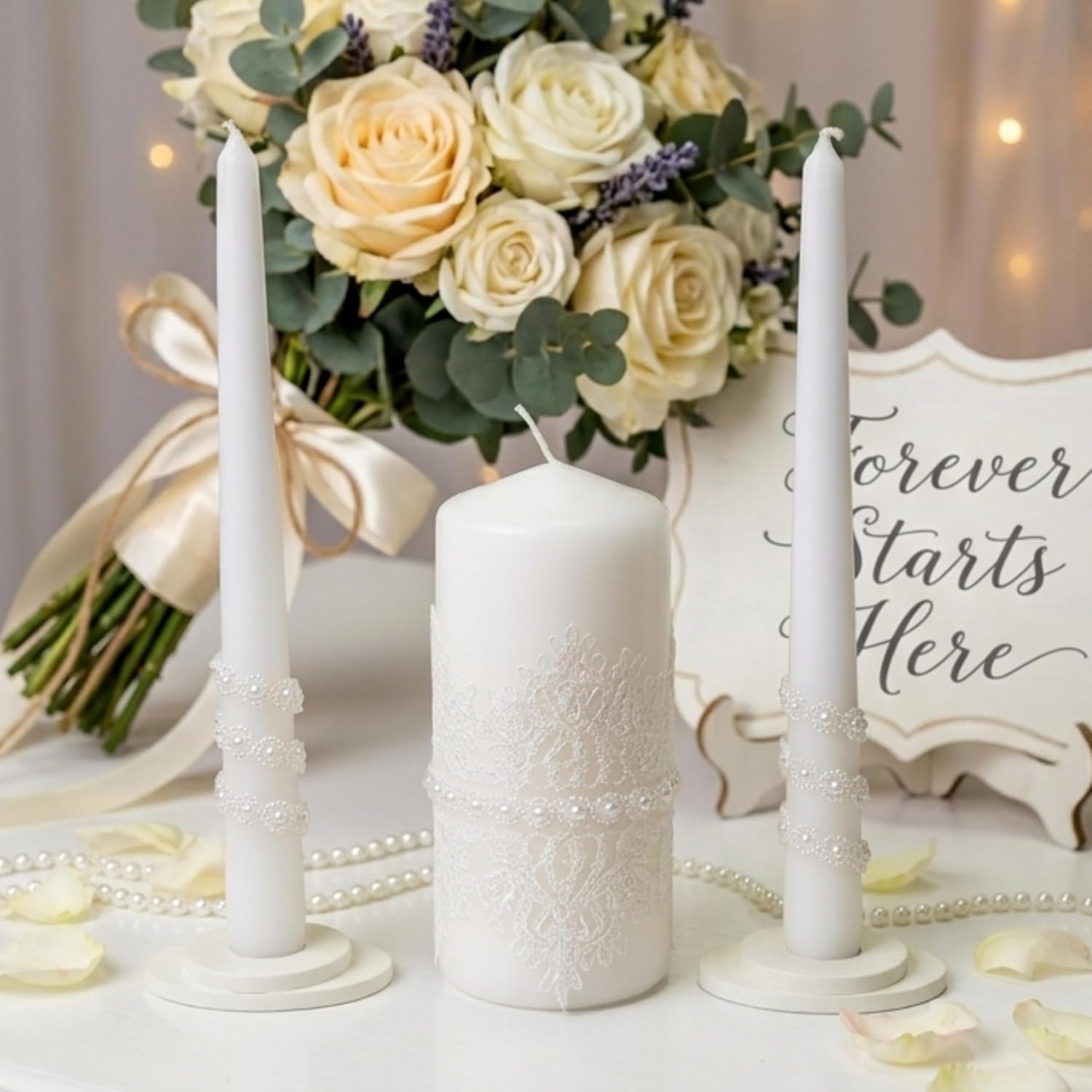 Unity Candle Set - Wedding Ceremony & Reception – 6” Pillar & Two 10” Taper Candles – Long Burning Unity Candles for Marriage Ritual – Handmade in USA – White | Lace