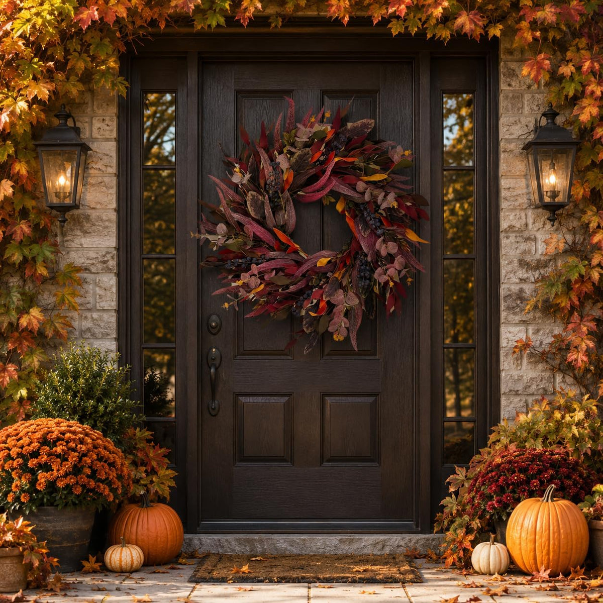 26 inch fall wreaths for front door, eucalyptus, front angle view
