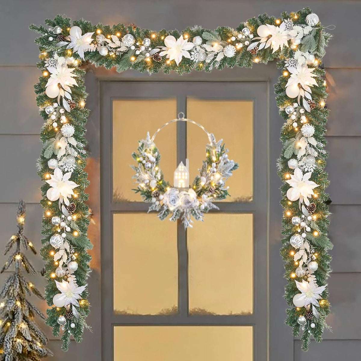 lighted christmas garland for mantle,fireplace,stairs, garland for front shown in use