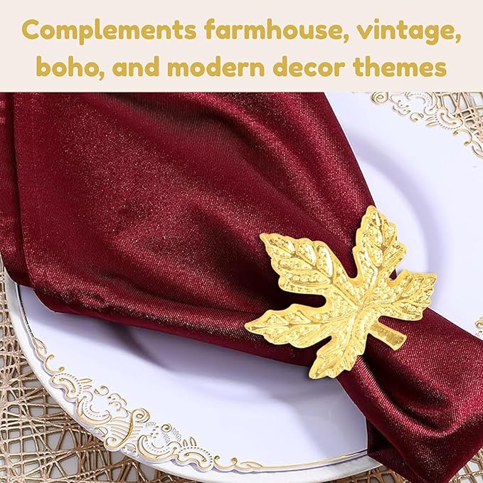 Elegant Handcrafted Leaf Napkin Rings - Set of 12 Premium Aluminum Holders for Dinner Parties, Weddings, Special Occasions & Everyday Dining (Gold) - CLEENTABLE