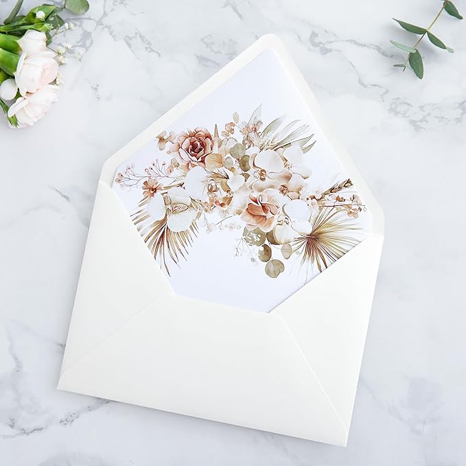 PONATIA 50PCS A7 Euro Flap Ivory Envelope, 5.25 x 7.25'' Boho Flowers Liner Envelopes for Wedding Invitations, Photos, Postcards, Greeting Cards, Acrylic Mailing, 5 x 7 Envelopes