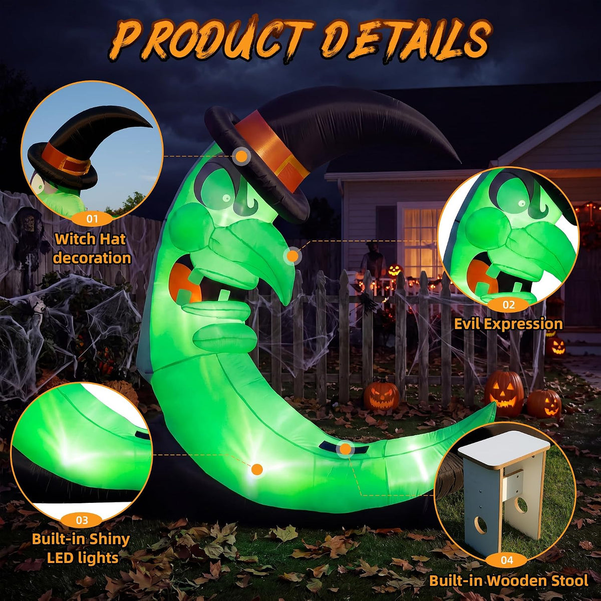 9ft green witch moon halloween inflatables outdoor decorations, close-up detail