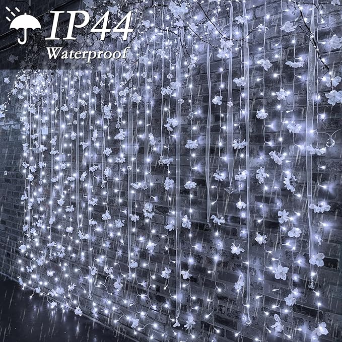 200 LED Curtain String Lights 9.8 * 6.6FT Plug in Fairy with Timer and 8 Modes, Waterproof Window Wall Lights for Bedroom Wedding Party Indoor Outdoor Christmas Decor