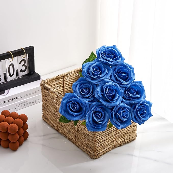 Artificial Rose 10pcs Open Flower Bouquet Faux Rose Stems for Wedding Arrangement, Bridal Bouquet, Centerpiece, Fake Faux Silk Flowers (Royal Blue)