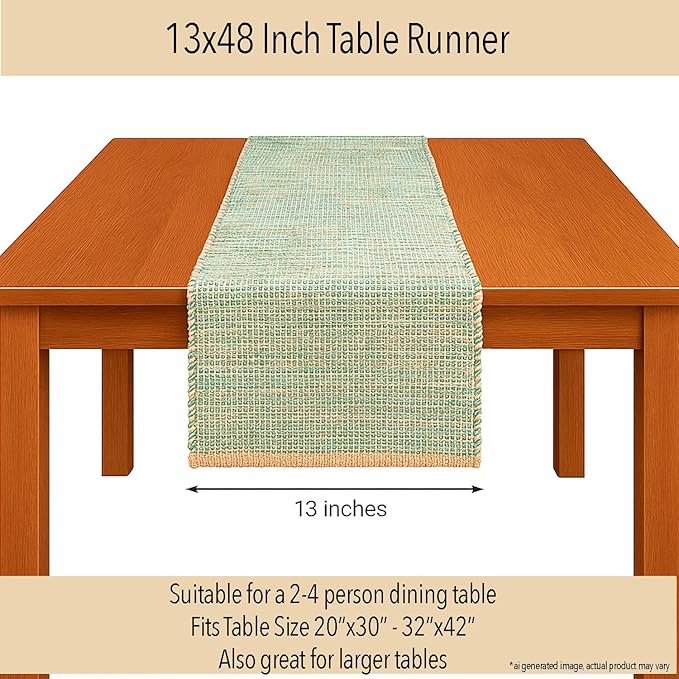 Chardin home Natural Jute Table Runner 13x48 Inch – Vintage Boho Rustic Table Decor – Handwoven Table Runner in Natural Jute and Sage Green-White – Farmhouse Dining or Console Table Accent