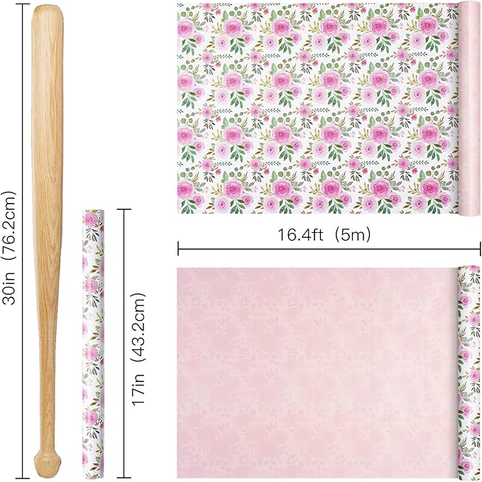 RUSPEPA Reversible Floral Wrapping Paper Roll, Mini Roll, Pink Rose Blossom Design and Pink Solid Color, Elegant Gift Wrap for Birthday, Wedding, Mother's Day, Bridal Shower, 17 Inches x 16.4 Feet