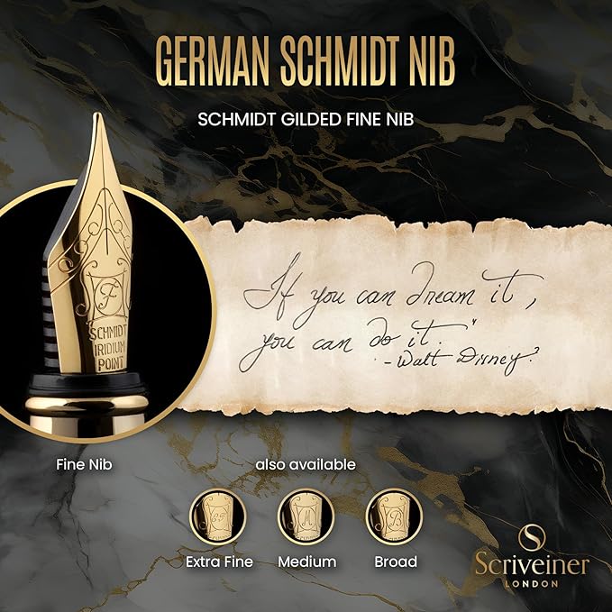 Scriveiner Black Lacquer Fountain Pen - Stunning Luxury Pen, Real Gold Plating, Schmidt Gilded Nib (Fine), Best Pen Gift Set for Men & Women, Professional, Executive, Office, Nice Pens
