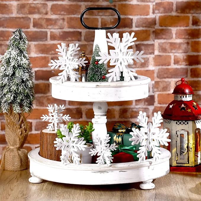 Bucherry 12 Pcs Wooden Snowflake Table Decor 3D Snowflake Tabletop Signs and Centerpiece for Christmas Xmas Winter Wonderland Decorations Home Party(White)