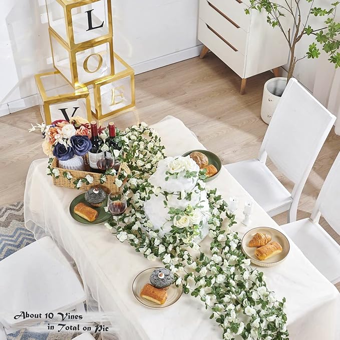 6 Pcs x 8.2 ft Flower Garland Artificial Rose Vine Flowers with Green Leaves Hanging Fake Roses Vine for Room Party Home Wedding Birthday Christmas Wall Arch Decor, Spring White Flower