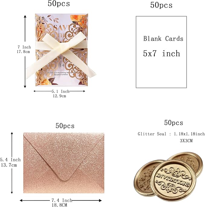 50Pcs Laser Cut Wedding Invitation With Glitter Envelopes And Ribbons Blank Personalized Card Invitaciones Para quinceañera Birthday Baby Shower Christmas Party Bridal Shower (Rose Gold)