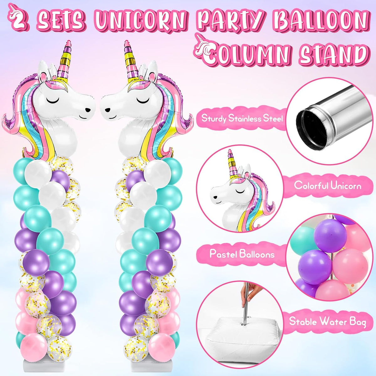 kasyat 2 sets unicorn balloon column stand kit, close-up detail