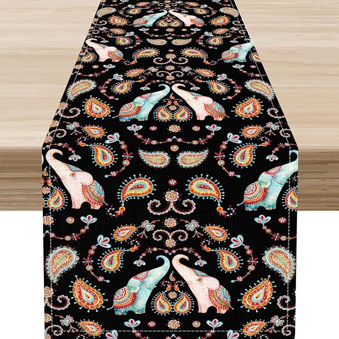 Boho Table Runner, Indian Bohemian Elephant Mandala Paisley Floral Hippie Art Print Table Center Decor for Home Kitchen Dining Patio Holiday Party Indoor Outdoor Table Decorations, 13"x72" Inch