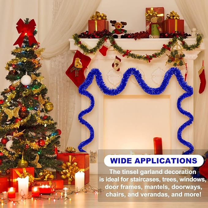 25 Feet Blue Christmas Tinsel Garland, Metallic Foil Twist Banner Wall Hanging Tinsel Streamers Backdrop for Parade Floats, Christmas, Mother's Day, Birthday Party Decorations(4in x 25ft)