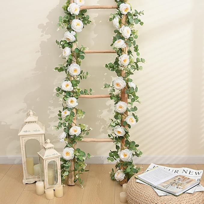 Dolicer 2Pcs 13Ft Artificial Eucalyptus Garlands with Flowers, Faux Floral Greenery Garlands Fake Flowers Vines for Wedding Table Centerpieces Arch Party Ceremony Backdrop Decor (White)