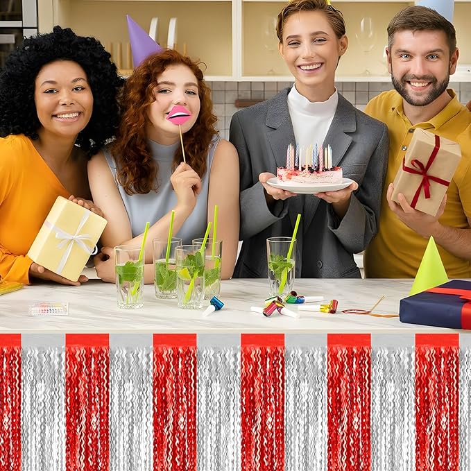 6 Pack 29x108 Inch Red Silver Wave Foil Fringe Table Skirts Metallic Banner for Tinsel Streamer Garland Backdrop for Parade Floats Wedding, Mother's Day, Birthday Mardi Gras Party Decorations