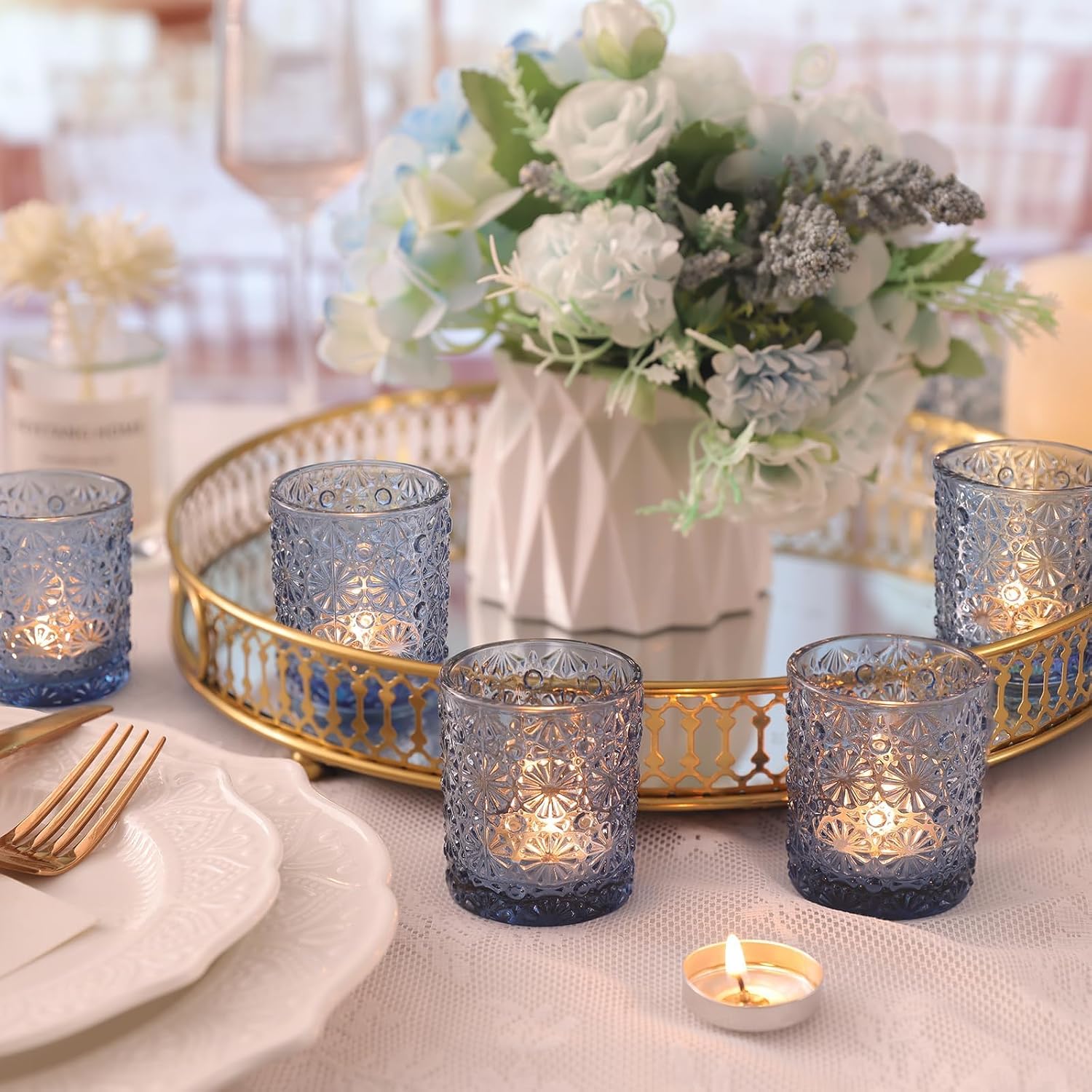 Lanttu 12 Pack Blue Votive Candle Holders 2.2"*2.6" Tealight Candle Holder | for Wedding Table Centerpieces, Birthday Parties, Home Decor, Blue Bridal Shower and Holiday Decorations