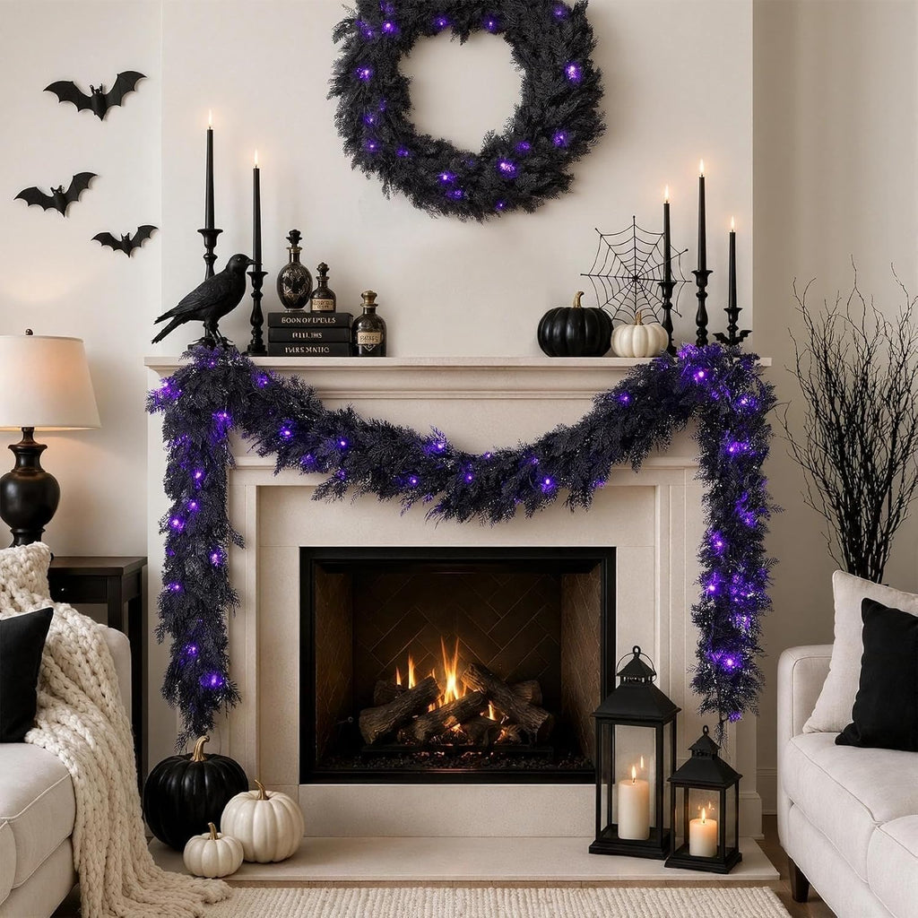 pre-lit halloween garland 9ft decorations black real touch, front angle view