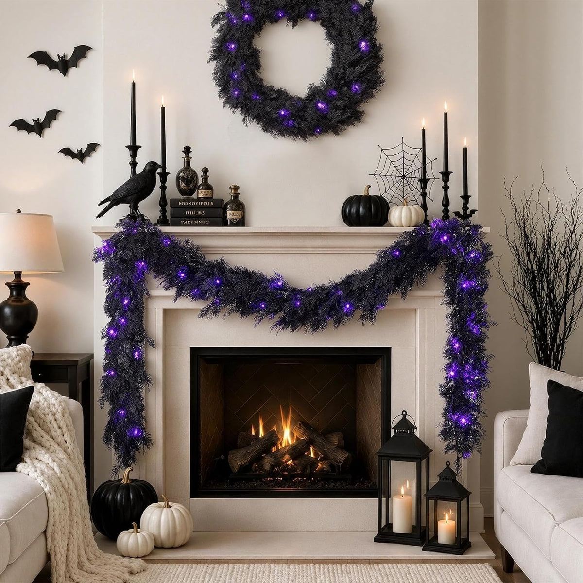 pre-lit halloween garland 9ft decorations black real touch, front angle view