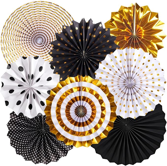 SUNBEAUTY Gold Black Paper Fans Backdrop for Tea Party Weddding Spring Birthday Classroom Baby Shower Halloween Decoration Hanging Home Party - 8Pcs