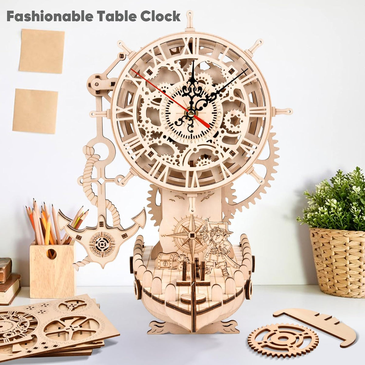 3d wooden puzzle mechanical clock – pirate ship, close-up detail