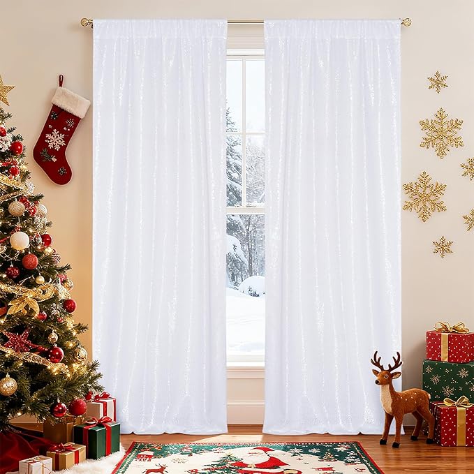 Poise3EHome White Sequin Backdrop Curtains,2 Panels 2FTx8FT Glitter Background for Party Halloween Birthday Party Baby Shower Wedding Christmas Thanksgiving Holiday Festival Decor