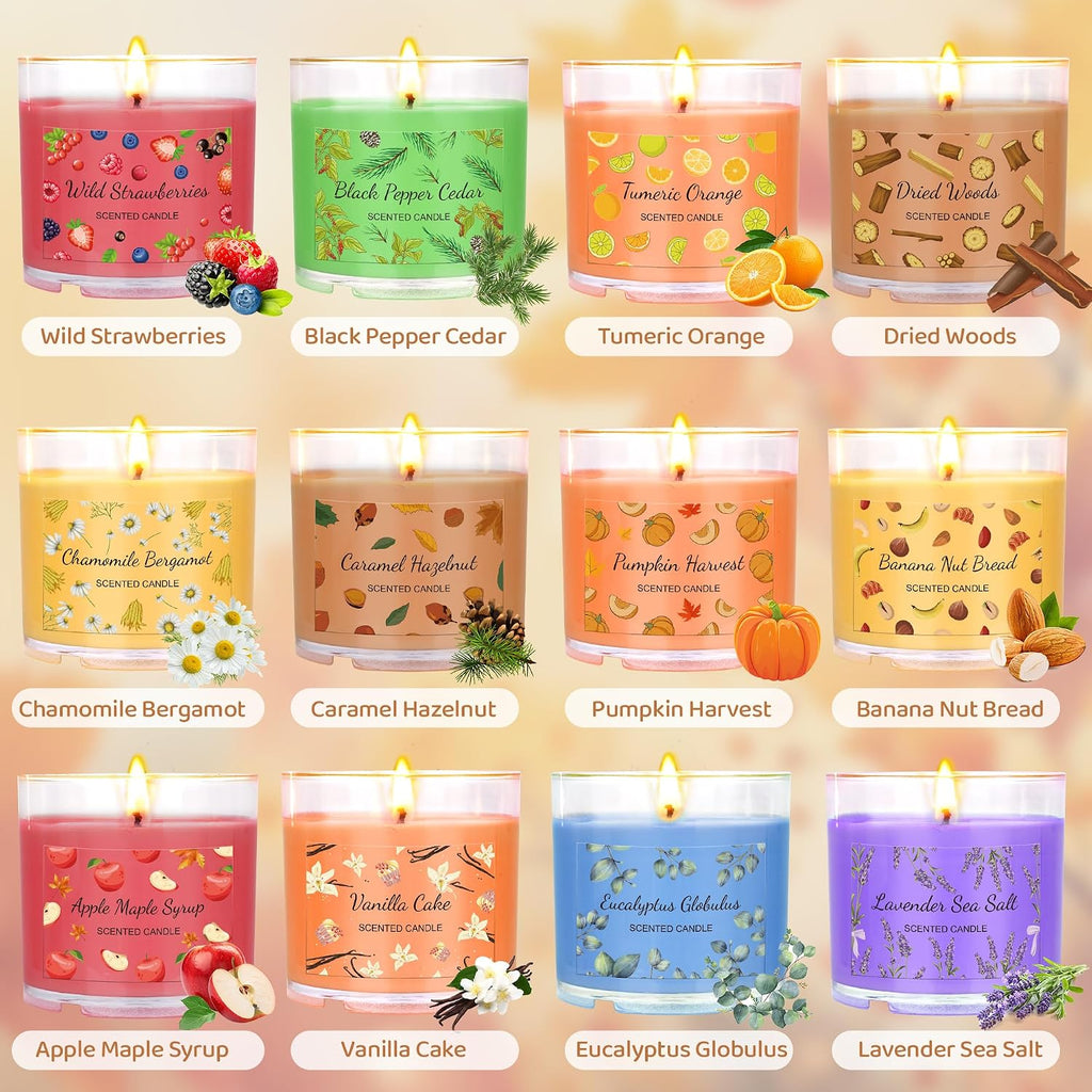 Fall Candles Bulk, 12 Pack Scented Candles for Home, Candle Set for Women, Small Soy Candle Scent of Pumpkin Vanilla Caramel Lavender, Mini Candle Gift Set for Mothers Day Birthday Christmas Birthday
