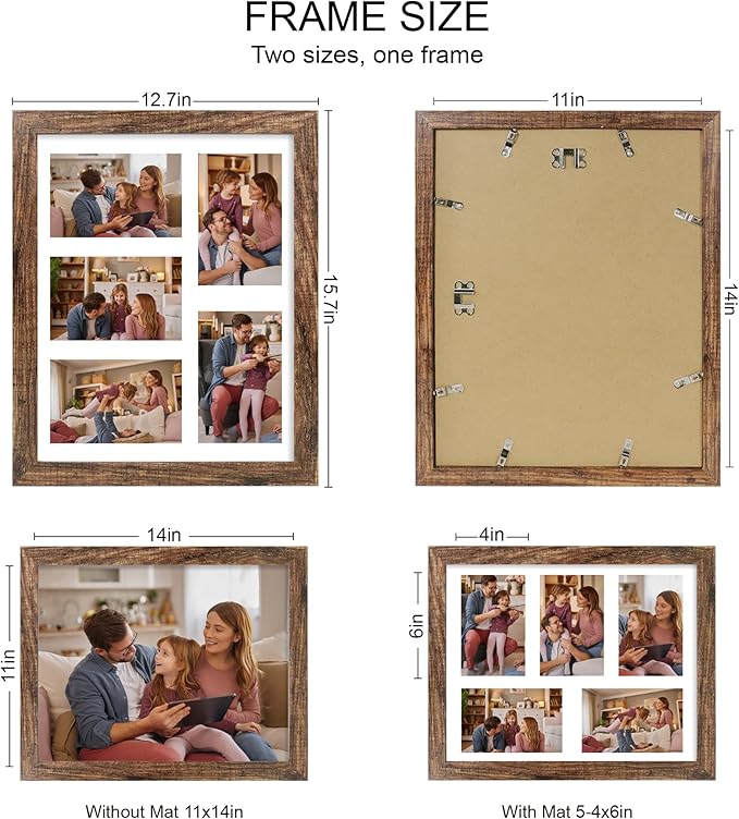 11x14 Picture Frame Set of 2, Rustic Brown Wood Frame with Real Glass Collage Picture Frames, Display Pictures Five 4x6 With Mat or 11 x 14 Without Mat, Photo Frames Wall Gallery