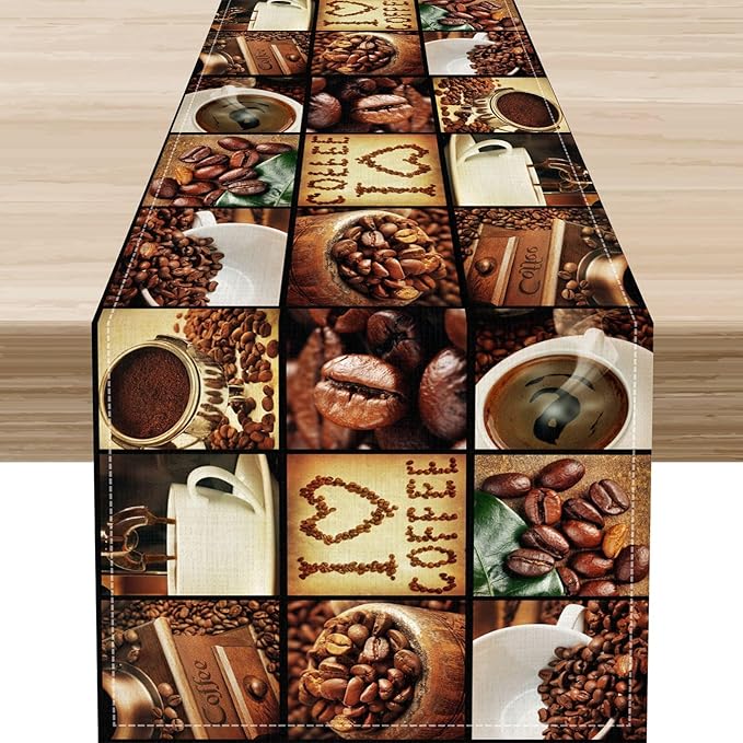 Coffee Theme Table Runner, Retro Farmhouse Coffee Cup Latte Cappuccino Tea Party Cafe Table Center Decor for Home Kitchen Dining Patio Holiday Party Indoor Outdoor Table Decorations,13"x108" Inch