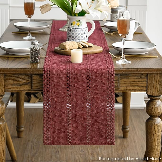 Artoid Mode Red Farmhouse Woven Rustic Hollow Table Runner, Seasonal Holiday Kitchen Dining Table Decoration for Home Party Decor 12x36 Inch