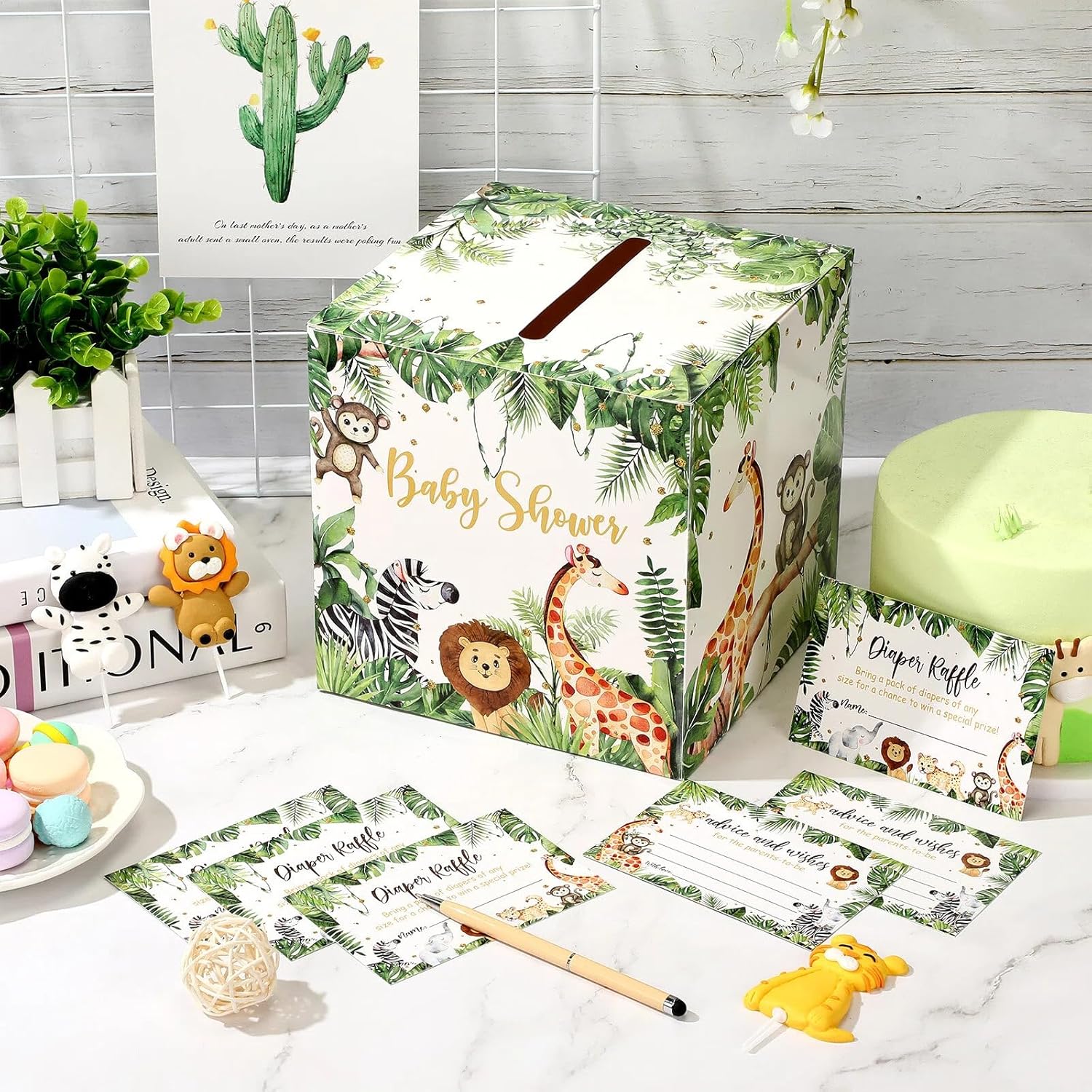 51 Pieces Woodland Baby Shower Card Box and Advice Cards, Diaper Raffle Game Box Tickets, Animals Safari Creatures Party Decorations for Baby Shower, Birthday, Gender Reveal (Jungle Animal Theme)