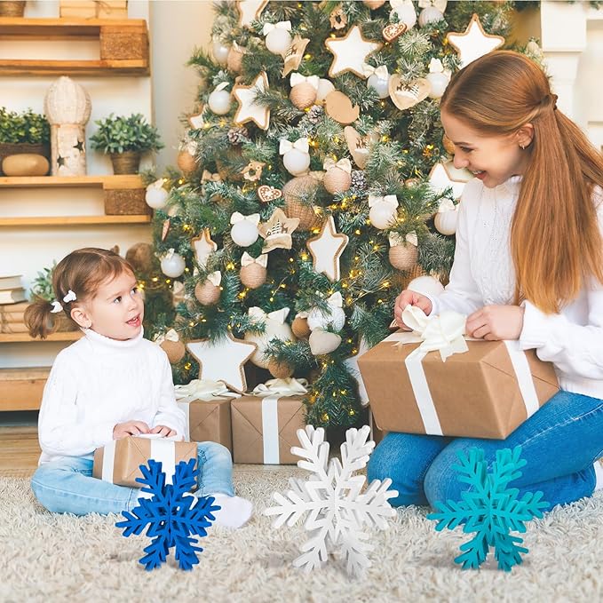 Qunclay 20 Pcs Wooden Snowflake Decorations 3D Snowflake Tabletop Decor Christmas Signs and Centerpiece for Winter Wonderland Decorations Xmas Tiered Tray Decor(Dark Blue, Light Blue, White)