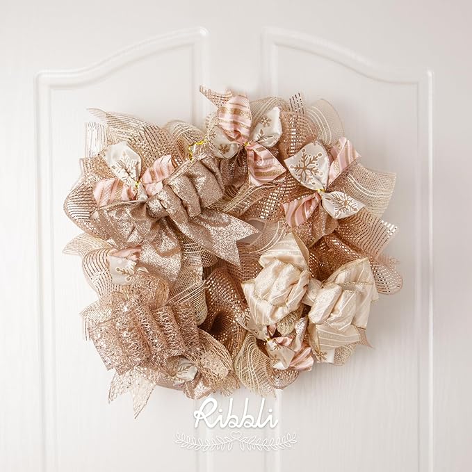 Ribbli 2 Rolls Rose Gold Mesh Ribbon,10 inch x 30 feet(10Yard) Each Roll,Metallic Rose Gold with Wide Foil,Valentine's Day Ribbon for Wreath Swags and Decorating