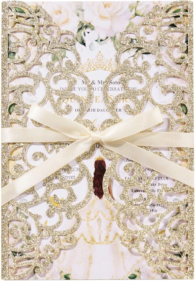 25pcs Glitter Wedding Invitations with Envelopes and RSVP Cards Gold Personalized Laser Cut Party Invitation with Ribbons for Wedding Engagement Baby Bridal Shower Quinceanera Birthday Party Invite