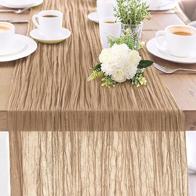1-Pack Khaki Cheesecloth Table Runners – 10FT (35x120 Inch) Boho Rustic Gauze Fabric Cheese Cloth Table Runner for Weddings, Baby Showers, Bridal Shower, Farmhouse & Birthday Party Decor