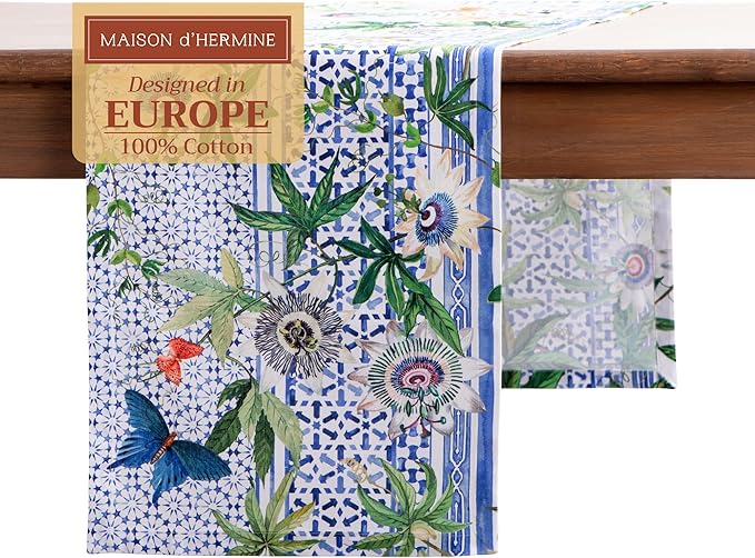 Maison d' Hermine Table runner 100% Cotton Single Layer Table Runners 72 inches long Decorative for Home Kitchen Dining Party Baby Shower Wedding Bridal Shower Spring Summer (Passiflora, 14.50" x 72")