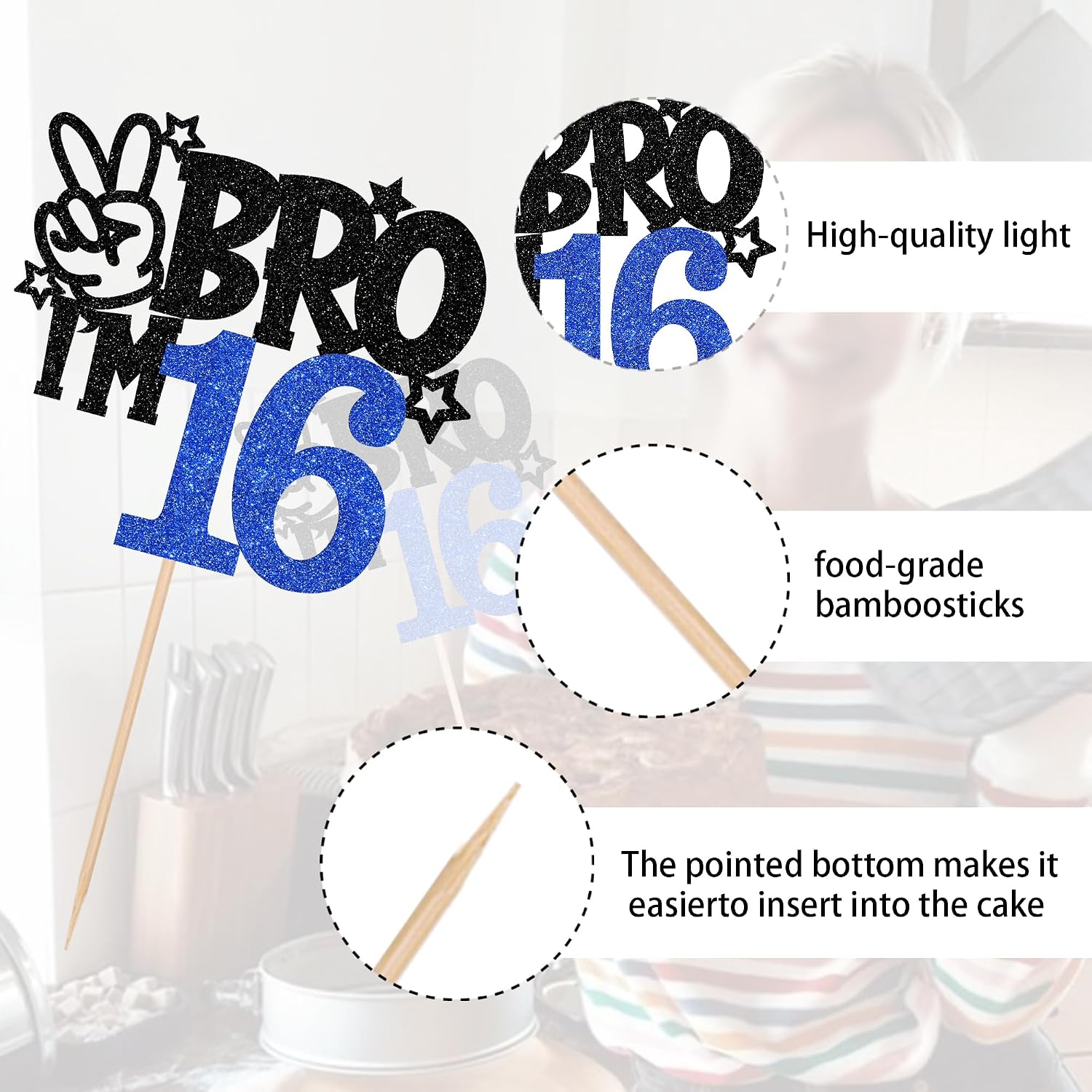 1 PCS Brother I'm 16 Cake Topper Glitter Star Happy 16th Birthday Cake Pick Bro I'm 16 Cake Decoration It's My 16th Birthday Decorations for Boys Cheers to 16 Years Old Birthday Party Supplies Blue