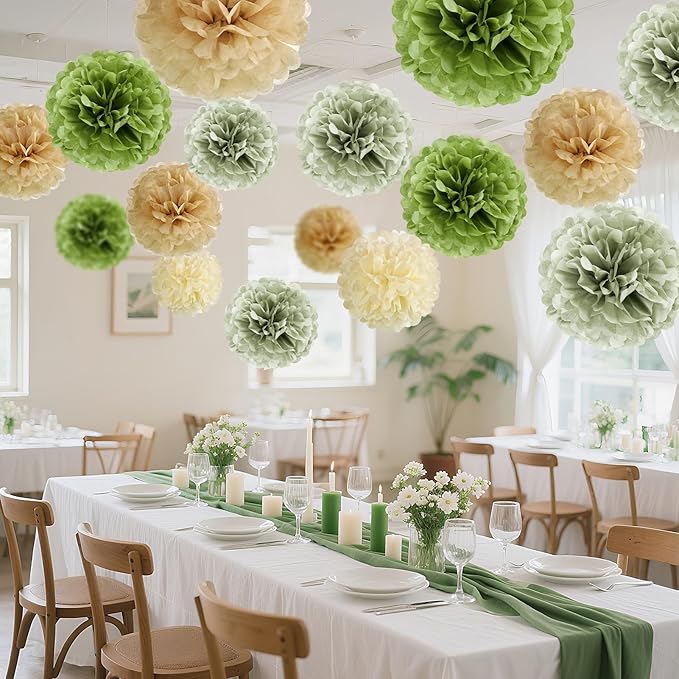 Sage Green Tissue Paper Pom Pom Flowers Decorations 15 PCS Olive Green Paper Flowers for Wall Hanging Backdrop Neutral Baby Shower Wedding Party Supplies Birthday Bridal Decor Table Centerpieces